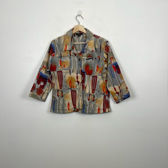 Vintage Kaktus Womens M Button Down Multicolor Candle Print 2 Pocket Jacket - Picture 1 of 9